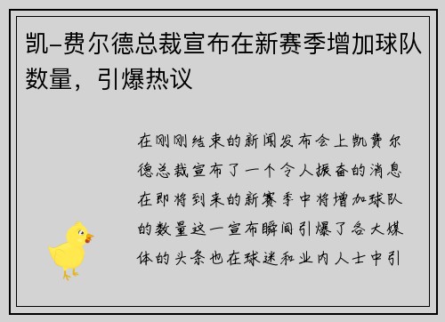 凯-费尔德总裁宣布在新赛季增加球队数量，引爆热议