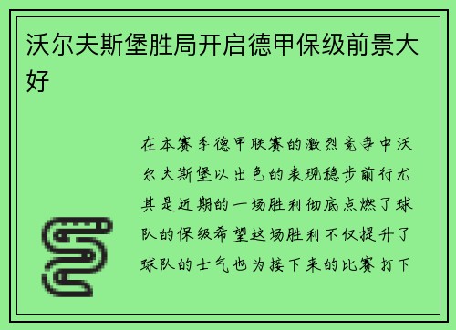 沃尔夫斯堡胜局开启德甲保级前景大好
