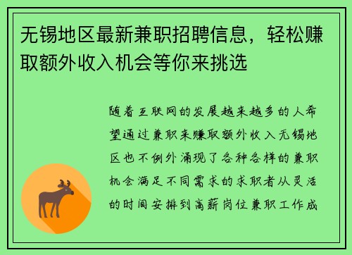 无锡地区最新兼职招聘信息，轻松赚取额外收入机会等你来挑选
