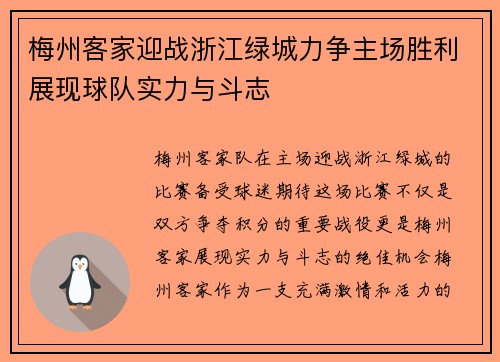梅州客家迎战浙江绿城力争主场胜利展现球队实力与斗志