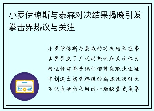小罗伊琼斯与泰森对决结果揭晓引发拳击界热议与关注