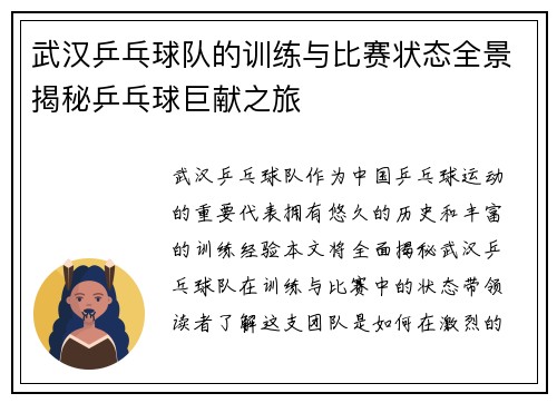 武汉乒乓球队的训练与比赛状态全景揭秘乒乓球巨献之旅