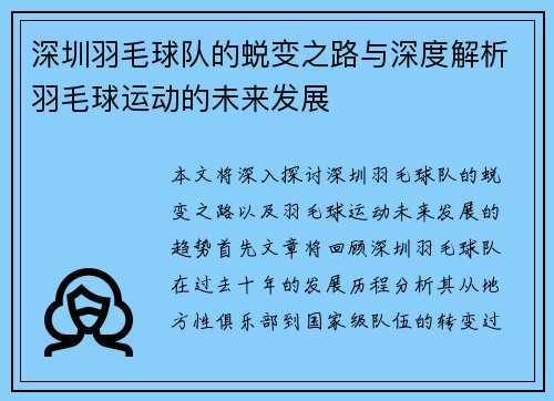 深圳羽毛球队的蜕变之路与深度解析羽毛球运动的未来发展
